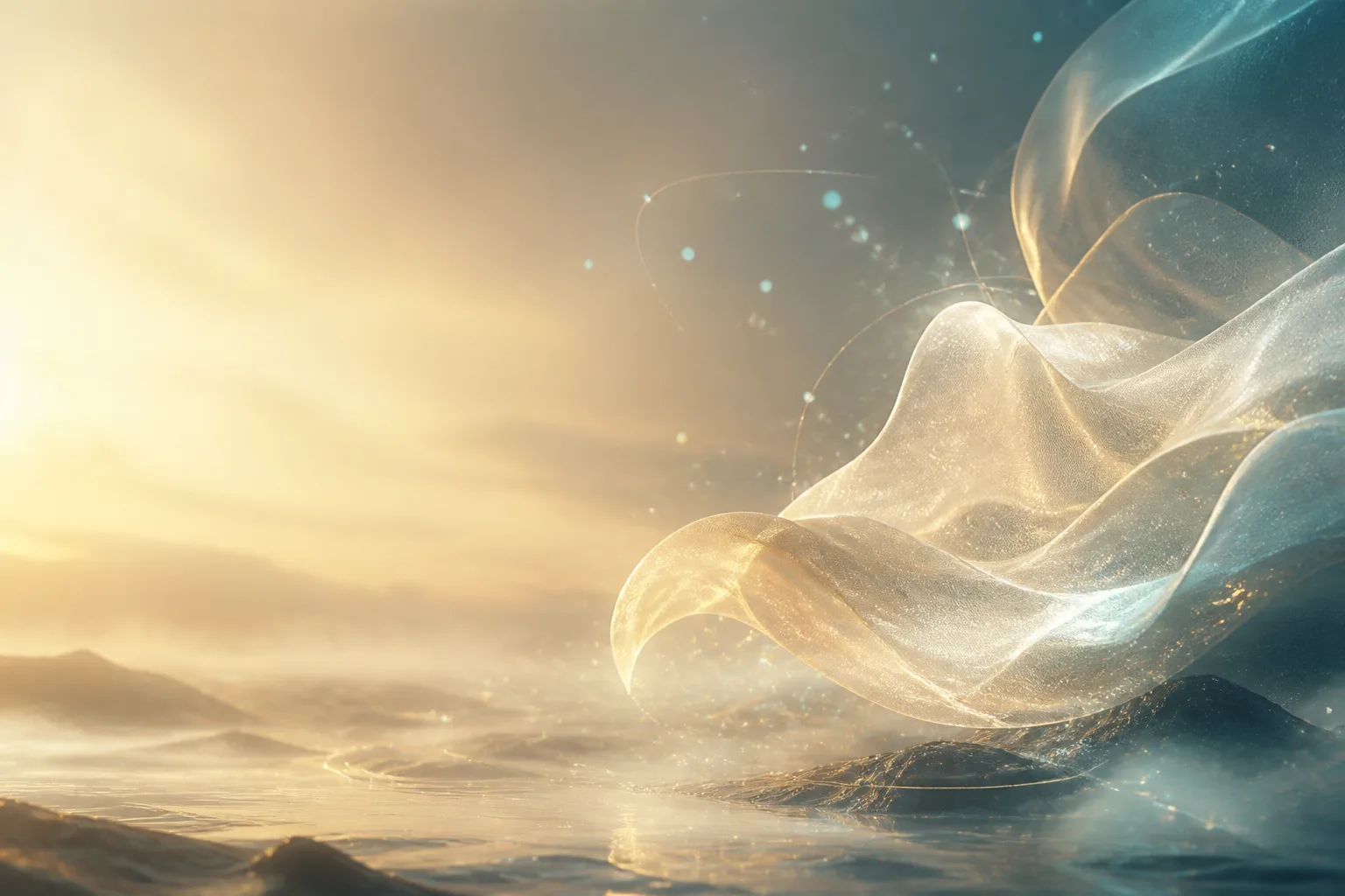 A translucent wave drifting through a luminous dream landscape